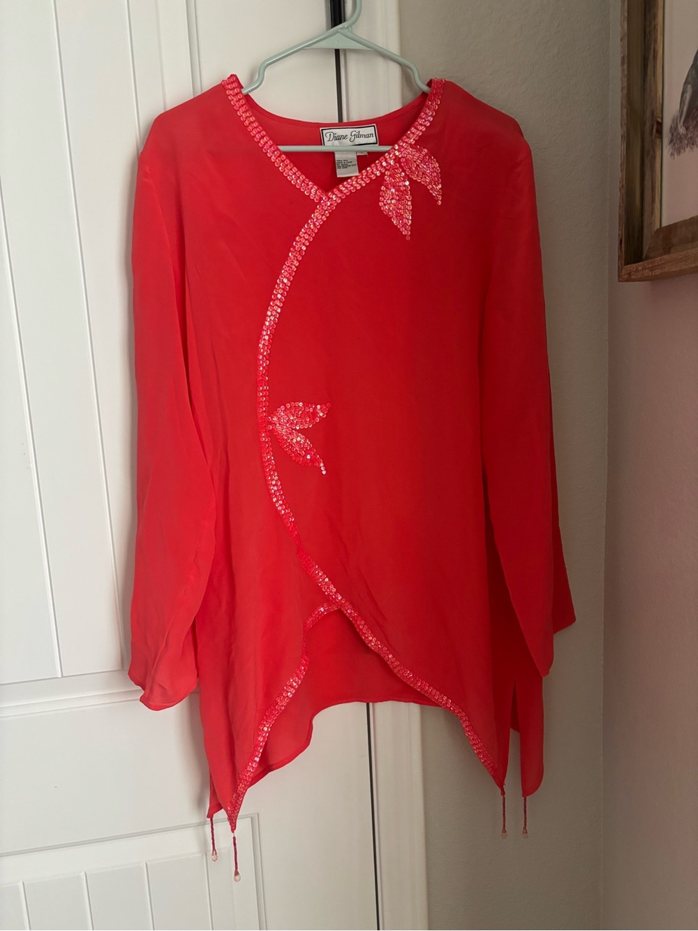 Diane Gilman Red Sequin-Trim Tunic with Floral Accents